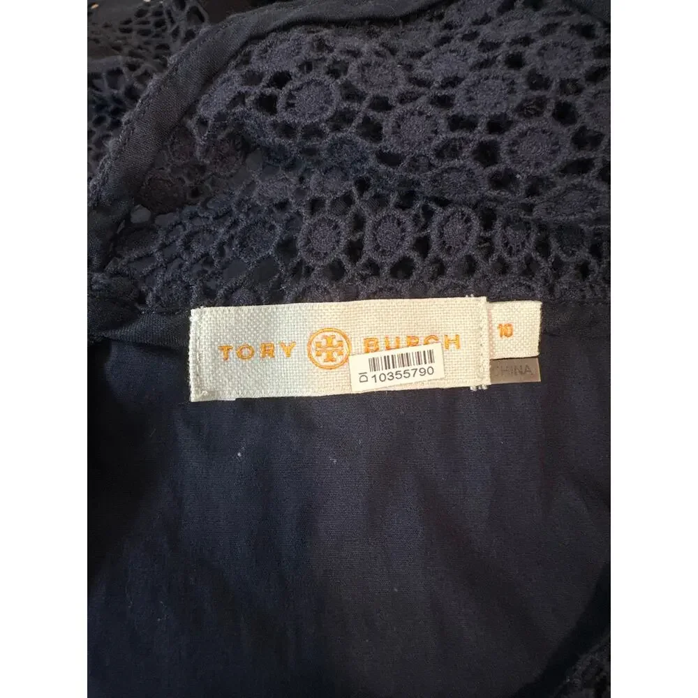 Tory Burch Hallie Eyelet Dress Mini Crew Neck Sleeveless Lace Preppy Navy Blue - Picture 10 of 12